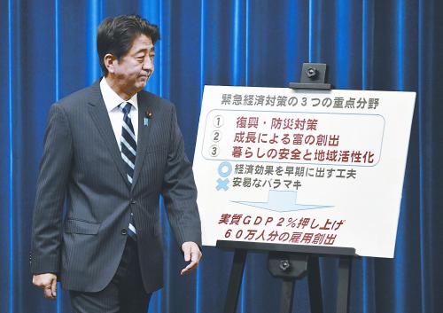 日本首相安倍晉三11日出席記者會。當天，安倍內(nèi)閣通過了超過20萬億日元的經(jīng)濟刺激計劃。