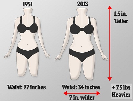 現(xiàn)今英國女性的平均腰圍已從1951年時(shí)的68厘米上升到86厘米，而胸圍和臀圍并沒有相應(yīng)增加，因此體型更接近于長方形
