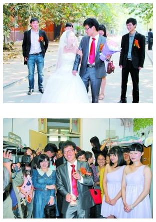 上圖：無(wú)房的愛(ài)情，照樣幸福滿滿。下圖：寢室里接新娘 圖片來(lái)源：大河報(bào)