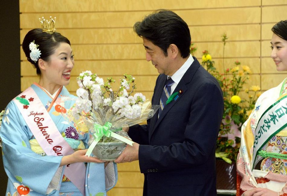 安倍接見日本櫻花女王、綠色女神